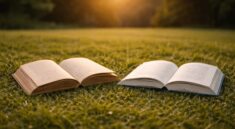 Due libri aperti su un prato al tramonto, immagine perfetta per scegliere i prossimi libri da leggere assolutamente