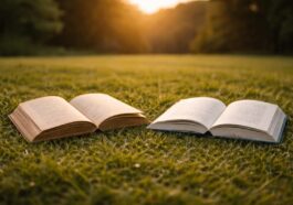 Due libri aperti su un prato al tramonto, immagine perfetta per scegliere i prossimi libri da leggere assolutamente