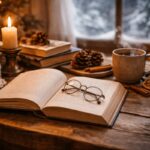 Un libro aperto con occhiali, tazza di tè caldo e candela: la perfetta atmosfera per i libri da leggere in inverno