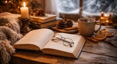Un libro aperto con occhiali, tazza di tè caldo e candela: la perfetta atmosfera per i libri da leggere in inverno