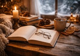 Un libro aperto con occhiali, tazza di tè caldo e candela: la perfetta atmosfera per i libri da leggere in inverno