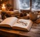 Un libro aperto con occhiali, tazza di tè caldo e candela: la perfetta atmosfera per i libri da leggere in inverno