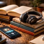 Una scrivania in legno con libri, cuffie e uno smartphone che riproduce un audiolibro, l'immagine ideale per scegliere i migliori titoli per iniziare