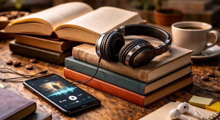Una scrivania in legno con libri, cuffie e uno smartphone che riproduce un audiolibro, l'immagine ideale per scegliere i migliori titoli per iniziare