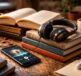 Una scrivania in legno con libri, cuffie e uno smartphone che riproduce un audiolibro, l'immagine ideale per scegliere i migliori titoli per iniziare