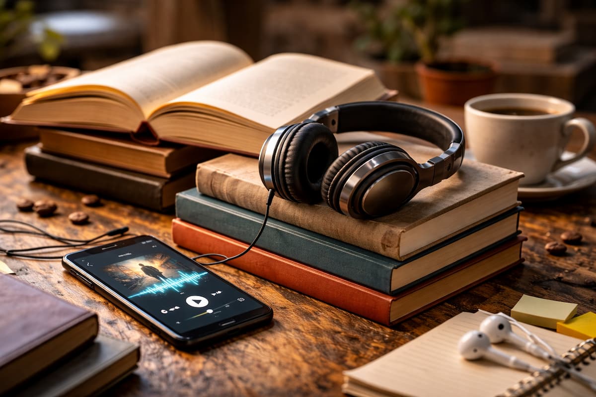 Una scrivania in legno con libri, cuffie e uno smartphone che riproduce un audiolibro, l'immagine ideale per scegliere i migliori titoli per iniziare