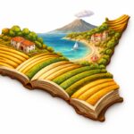 Un libro aperto le cui pagine si trasformano in un paesaggio siciliano con il mare e il vulcano Etna, immagine in evidenza per l'articolo sui libri ambientati in Sicilia.