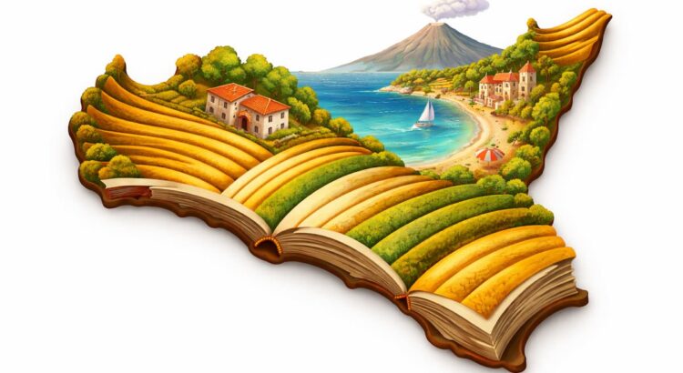 Un libro aperto le cui pagine si trasformano in un paesaggio siciliano con il mare e il vulcano Etna, immagine in evidenza per l'articolo sui libri ambientati in Sicilia.