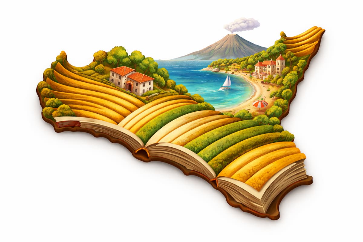 Un libro aperto le cui pagine si trasformano in un paesaggio siciliano con il mare e il vulcano Etna, immagine in evidenza per l'articolo sui libri ambientati in Sicilia.