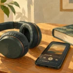 Cuffie, smartphone e libro su un tavolo durante l’ascolto di un audiolibro