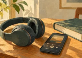 Cuffie, smartphone e libro su un tavolo durante l’ascolto di un audiolibro