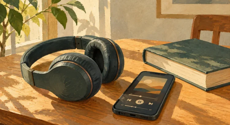 Cuffie, smartphone e libro su un tavolo durante l’ascolto di un audiolibro