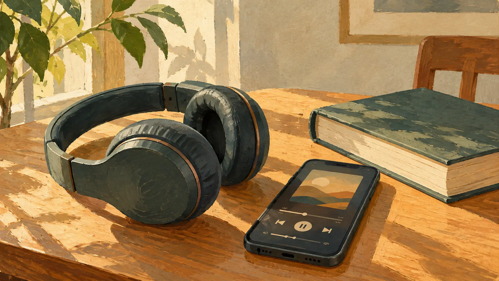 Cuffie, smartphone e libro su un tavolo durante l’ascolto di un audiolibro