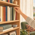 Libreria di casa con libri ben conservati e termoigrometro per controllare umidità e temperatura