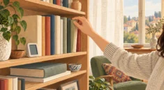 Libreria di casa con libri ben conservati e termoigrometro per controllare umidità e temperatura