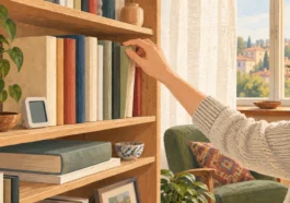 Libreria di casa con libri ben conservati e termoigrometro per controllare umidità e temperatura