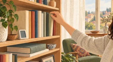 Libreria di casa con libri ben conservati e termoigrometro per controllare umidità e temperatura
