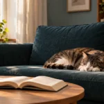 Libro aperto su un tavolo davanti a un divano con un gatto che dorme