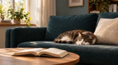 Libro aperto su un tavolo davanti a un divano con un gatto che dorme