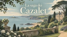 Paesaggio costiero inglese con villa e titolo La saga dei Cazalet