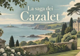 Paesaggio costiero inglese con villa e titolo La saga dei Cazalet