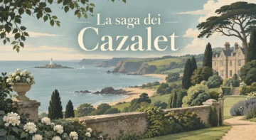 Paesaggio costiero inglese con villa e titolo La saga dei Cazalet