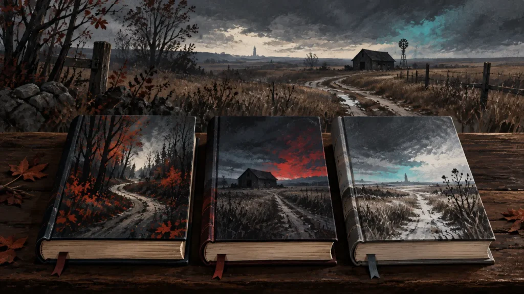Tre libri disposti in sequenza davanti a un paesaggio rurale scuro e misterioso