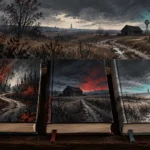 Tre libri disposti in sequenza su un tavolo davanti a un paesaggio fantastico