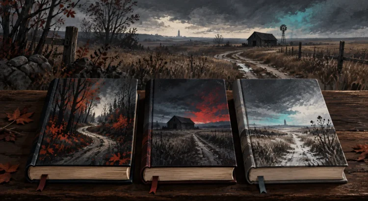 Tre libri disposti in sequenza su un tavolo davanti a un paesaggio fantastico