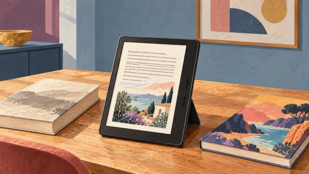 Ebook reader a colori con illustrazione, libro aperto e fumetto su un tavolo