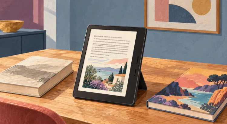 Ebook reader a colori con illustrazione, libro aperto e fumetto su un tavolo