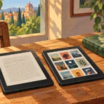 Due eReader affiancati su un tavolo accanto a un libro cartaceo