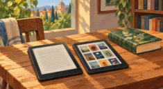 Due eReader affiancati su un tavolo accanto a un libro cartaceo