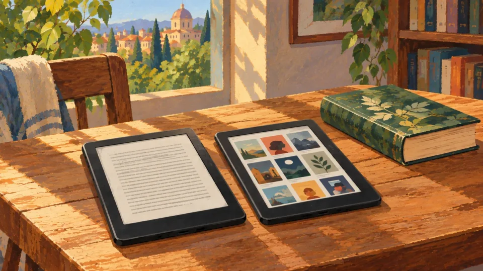 Due eReader affiancati su un tavolo accanto a un libro cartaceo