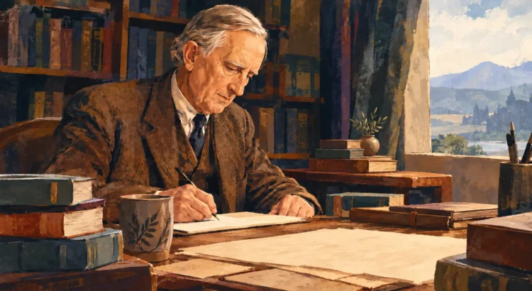 Illustrazione editoriale ispirata a Tolkien per una guida all’ordine di lettura dei suoi libri